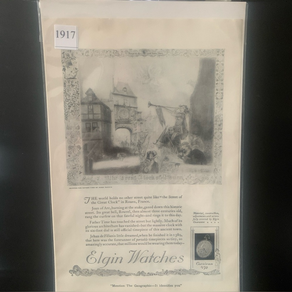 Vintage 1917 Elgin Watches The Street of The Great Clock  France Advertisement